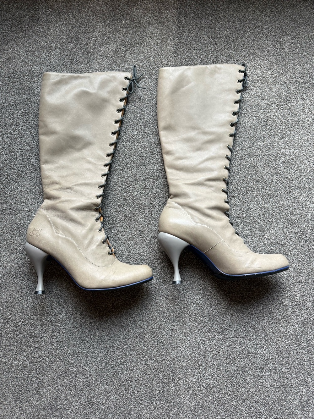 John Fluevog Knee-High Lace-Up Boots in Light Beige